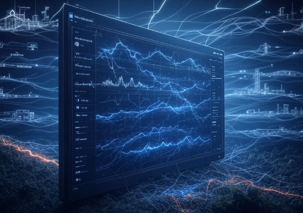 Інтерфейс державної платформи ШІ Китаю для стратегічних секторів, таких як оборона, логістика, енергетика, промисловість та інфраструктура, із зображенням потоків даних, обробки алгоритмів і візуалізацією стратегічних рішень, без людей.