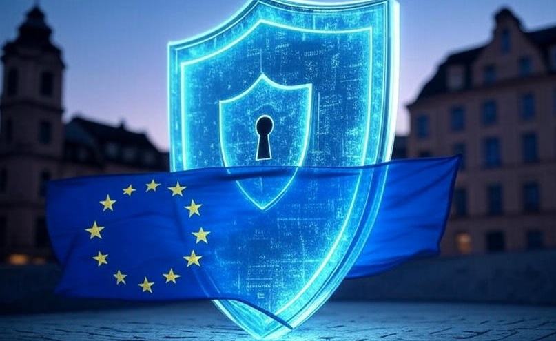 Голографічний щит із прапором Європейського Союзу захищає приватні дані в сучасному офісі з комп’ютерами та видом на місто ввечері.