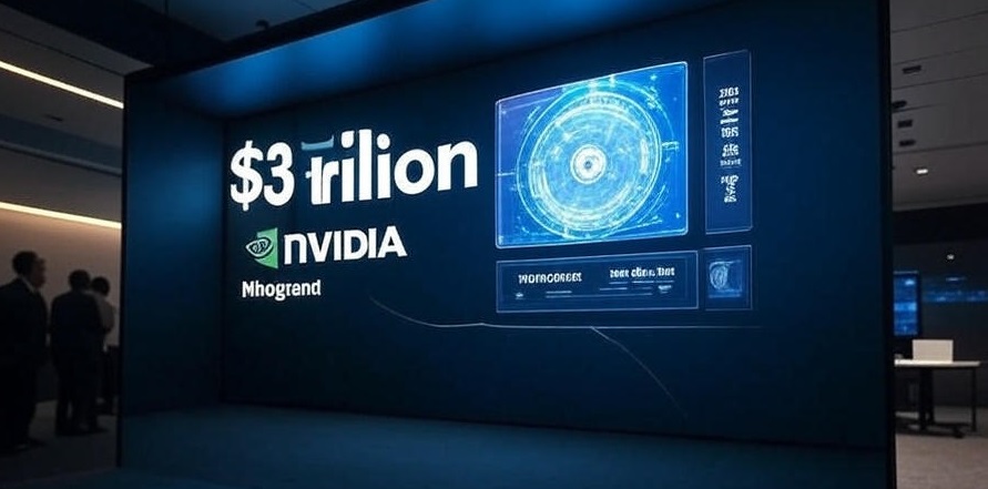 Голографічна карта NVIDIA з написом "$3 трильйони" на екрані позаду, демонстрація технологій у сучасному приміщенні.