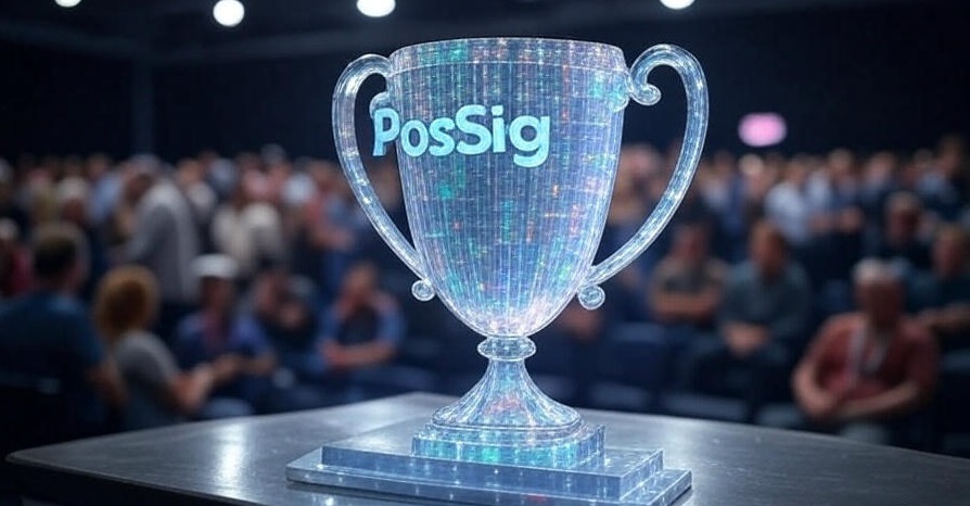 Голограма трофею на подіумі з текстом PostSig зверху