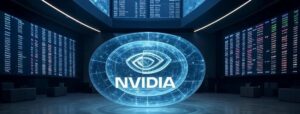Великий зал з голограмою Nvidia, що зображує логотип компанії на тлі екрану з зростаючими цінами акцій, без людей.