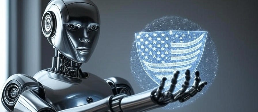 Робот із металевим корпусом тримає голограму герба США, що зображає зірки та смуги, у своїх руках