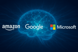 Логотипи Amazon, Google, Microsoft та Meta, рівномірно розміщені на фоні синьої голографічної нейромережі з радіальними з’єднаннями.