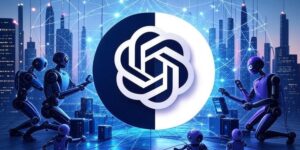 Ілюстрація, що символізує співпрацю серед конкуренції в сфері штучного інтелекту: в центрі стилізований логотип Scale AI виступає мостом між двома сторонами — логотип OpenAI ліворуч і логотип Meta праворуч. Між ними мережа даних і абстрактні силуети людей або роботів, які працюють разом, на тлі футуристичного міського пейзажу, що натякає на розвиток AGI, в атмосфері високих технологій з нейтральними кольорами та яскравими акцентами.