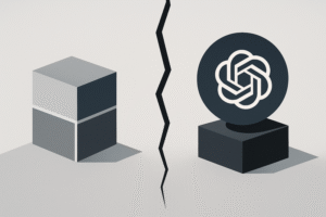 Абстрактна ілюстрація конфлікту між Microsoft і OpenAI, розділених тріщиною, у мінімалістичному стилі, без людей.