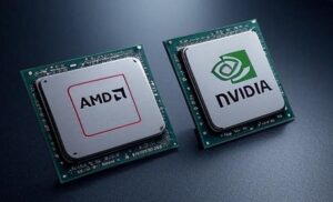 Порівняння двох відеочіпів: зліва AMD з червоним логотипом, справа Nvidia із зеленим логотипом на темному фоні.
