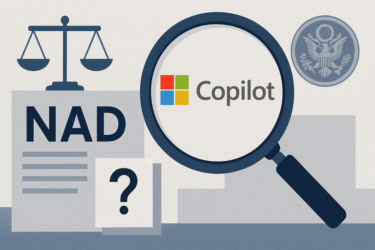 Плоска ілюстрація: збільшувальне скло над логотипом Microsoft Copilot, поруч символи ваг і печатка урядового органу, а також написи “NAD” та знак питання на фоні документів.