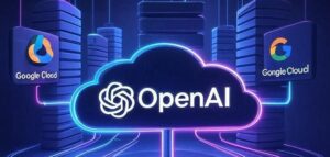 OpenAI, Google Cloud і CoreWeave об'єднують зусилля у сфері хмарних обчислень — стилізована інфографіка з логотипами та світловими лініями.