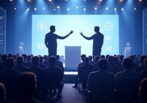 Ілюстрація футуристичної конференц-зали на VivaTech 2025 у Парижі. Два спікера, видні лише як силуети ззаду, стоять на сцені: один жестикулює впевнено, другий нахилився вперед у дискусії. Глядачі попереду показані лише ззаду, утворюючи силует натовпу. Яскраві прожектори та великий LED-екран із мінімалістичними іконками ШІ та робототехніки відкидають динамічне світло та м’які тіні. Атмосфера напружена і професійна з прохолодними блакитними та теплими акцентними вогнями, що відображають дебати про штучний інтелект і майбутнє роботи.